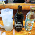 須賀乃湯 - ホッピー瓶（黒） 330円＋金宮焼酎25度（300ml 850円）