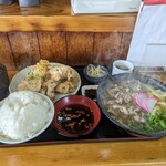 元祖えびすやうどん - 今日は鶏天定食　うどん御飯大盛+うどんに肉トッピング…しめて1380円