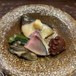 天ぷら たけうち - 鰆西京焼き、蛸、牡蠣オイル漬け、鯖