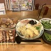 Tsukuba Soba Monogatari - 舞茸天筑波おろし(鶏天トッピング)、焼き鳥の盛合せ、秋茄子の素揚げ、枝豆、そば茶