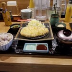 とんかつ わか葉 - 料理到着。
            
            う～ん、白いです。
            ご飯、キャベツ、お味噌汁は1回のみお代わり自由みたいです。
            赤出しの味噌汁が美味しかっのでお代わりしました。
            肝心のトンカツですが、カリっと揚がってないので、柔らかいです。
            豚肉も柔らかい。
            美味しかったのですが、僕はカリっとパン粉が揚がったサクサクのトンカツのほうが好みです。