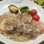 キッチン ブルー グローブ - 反対側から、マッシュルームタップリのソース