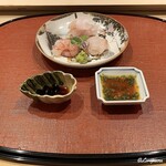 御料理 寺沢 - ぶどう海老､星鰈､鮎魚女の造りを割醤油とちり酢にて