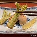 御料理 寺沢 - 河豚の白子の焼白子と楤の芽の天ぷら