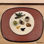 御料理 寺沢 - 柊鰯に赤海鼠の茶ぶり､河豚の粕漬焼､香茸､金柑砂糖煮､浸し豆､牡蠣の竜田揚げ田楽風