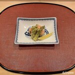 御料理 寺沢 - 河豚の白子の焼白子と楤の芽の天ぷら