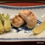 御料理 寺沢 - 河豚の白子の焼白子と楤の芽の天ぷら