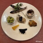 御料理 寺沢 - 柊鰯に赤海鼠の茶ぶり､河豚の粕漬焼､香茸､金柑砂糖煮､浸し豆､牡蠣の竜田揚げ田楽風