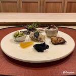 御料理 寺沢 - 柊鰯に赤海鼠の茶ぶり､河豚の粕漬焼､香茸､金柑砂糖煮､浸し豆､牡蠣の竜田揚げ田楽風