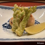 御料理 寺沢 - 河豚の白子の焼白子と楤の芽の天ぷら