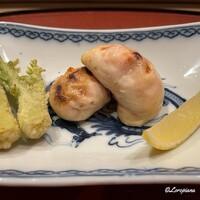 御料理 寺沢 - 河豚の白子の焼白子と楤の芽の天ぷら