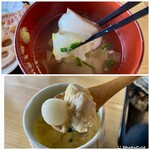 Hodumi Sa Ryou - 上 味噌汁に椎茸と白菜の具
                      下 茶碗蒸しに鶏肉 小餅 シメジ他