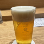 Tsukiji Aozora Sandaime - 生ビール(880円)〜クリ〜ミー