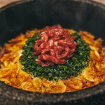 Stone-grilled garlic rice with sakura shrimp and wagyu beef