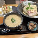 Menya Saisakizaka - 限定メニュー　　牡蠣味噌つけ麺〜牡蠣の天ぷらと牡蠣の佃煮を添えて