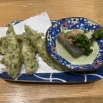 Chichiri - わかさぎの天ぷら磯辺揚げ、菜の花と茄子のお浸し