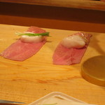 にくの匠 三芳 - とらふぐ白子とミスジの土佐酢ジュレ掛け、干し柿と春菊と1