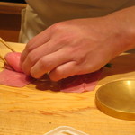 にくの匠 三芳 - とらふぐ白子とミスジの土佐酢ジュレ掛け、干し柿と春菊と3