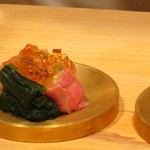 にくの匠 三芳 - とらふぐ白子とミスジの土佐酢ジュレ掛け、干し柿と春菊と6