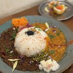 カレーの惑星 -  2種盛り(合い挽き肉のスパイシー焦がしキーマ/2種豆と季節野菜のポタージュカレー) [1,480円]1