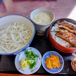 浜乃茶屋 - 料理写真:お店のお薦めメニュー　浜乃茶屋定食\1500　うなぎ丼\1250にプラス\250で、釜揚げうどんが付くのだから、コスパ優良で満腹感確実です。20.30代の食欲旺盛組にトライして欲しい。