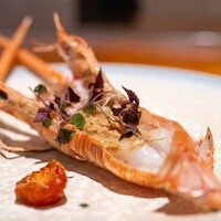 馳走西健一 - 2024.2 焼津産活けラングスティーヌ炭火焼き 味噌と卵のソース 静岡産トマト