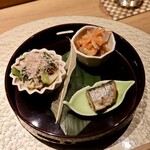 寿司 蒼 - 【前菜】鰯の梅煮/白身魚の南蛮漬け/ジャコときのこのお浸し