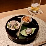 Sushi Sou - 【前菜】鰯の梅煮/白身魚の南蛮漬け/ジャコときのこのお浸し