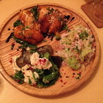 クッチーナ笑多 - おまかせ前菜盛り合わせ「パプリカのインボルティーニ・長ナスと菜の花の自家製湯葉・ズワイガニとキャベツのミルフィーユ」２０１４年１月