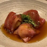 和食しんくろ - 白子天ぷらと和牛ロース包み べっこう餡がけ 黒七味