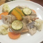 キッチン ブルー グローブ - チキンソテーと焼き野菜のアップ