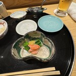Tensousou - 毛蟹と菜花の酢味噌和え　赤、緑、黄　彩りも素敵｡
