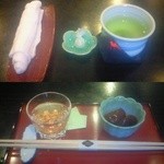 花菱 - まずお茶と小さな和菓子（堅い粒）を出されます（上）。コースには食前酒（お茶も可）が付き、この日はざくろ酒でした。甘辛く味付けされた麩も付きます