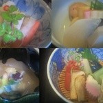 花菱 - 一の膳と二の膳の一部の料理拡大図。見た目で楽しませることを、高野山用語で目食（もくじき）というそうです