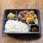 Meatball burger with beef tongue & fried chicken Bento (boxed lunch)