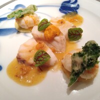 アピシウス - 九絵とラングスティーヌのポワレ 雲丹の焦がしバターソース アーモンド風味 Or 和牛のバネショロンソース