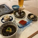 Sushi Ryuuma - 胡麻豆腐 ・バイ貝甘煮 ・自家製明太子 ・クリームチーズの西京漬け