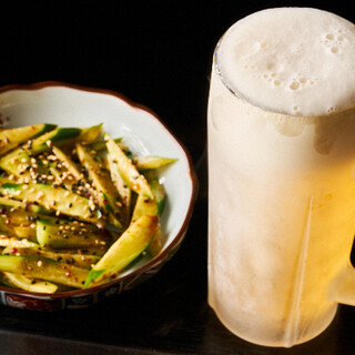 Cheers with beer served in a cold mug or Hiroshima potato shochu!