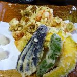 芭蕉庵 - ＜2009年10月＞海老・帆立・長葱のかき揚げ、万願寺唐辛子、茄子、南瓜