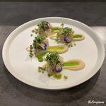 カーサ・デル・チーボ - 松川鰈の椎茸〆に大豆のピュレと菊菜オイル