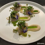 カーサ・デル・チーボ - 松川鰈の椎茸〆に大豆のピュレと菊菜オイル