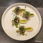 カーサ・デル・チーボ - 松川鰈の椎茸〆に大豆のピュレと菊菜オイル