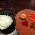 Shungyo Shunsai Miura - ご飯＆筋子、明太子、ちりめん山椒、赤カブの酢漬け