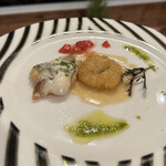 リストランテ ピノキオ - マフグと自家製ベーコンのサルティンポ　焼きリゾット添え　マフグも美味ですが焼きリゾットがトラフグのエキスを凝縮されたズッパが染み込んだお米でプレスされていて、knockoutです　byまみこまみこ