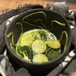 MAZ - ⑨ニジマス、こごみ、菜の花、タラの芽、アグアイマント(フルーツの一種)の出汁、ふきのとうオイル