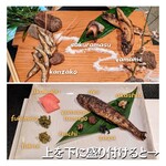 郷土料理ともん - 桜鱒寒干し、山女魚の一夜干し、雑魚串、鮎の甘露煮。さらっとザザとハチノコがいるぜ！隣席の方がお誕生日でしたが、ろうそくと共に昆虫の佃煮が出ていました。流石ともんさん！