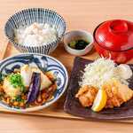 All-you-can-eat sea bream rice, fried chicken, and fried tofu set meal