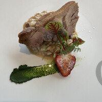 アコルドゥ - 倭鴨という葛城山の合鴨がこの日のメイン。地元のお米ヒノヒカリとタン・ハツ・レバーを一緒に煮込んで。炙った古都華とほうれん草のソースを添えて。