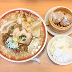 肉中華そば 源楽 - 背脂中華そば麺大盛にワンタン3個トッピング、焼売セット