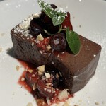 Chocolate terrine with nut & berry sauce